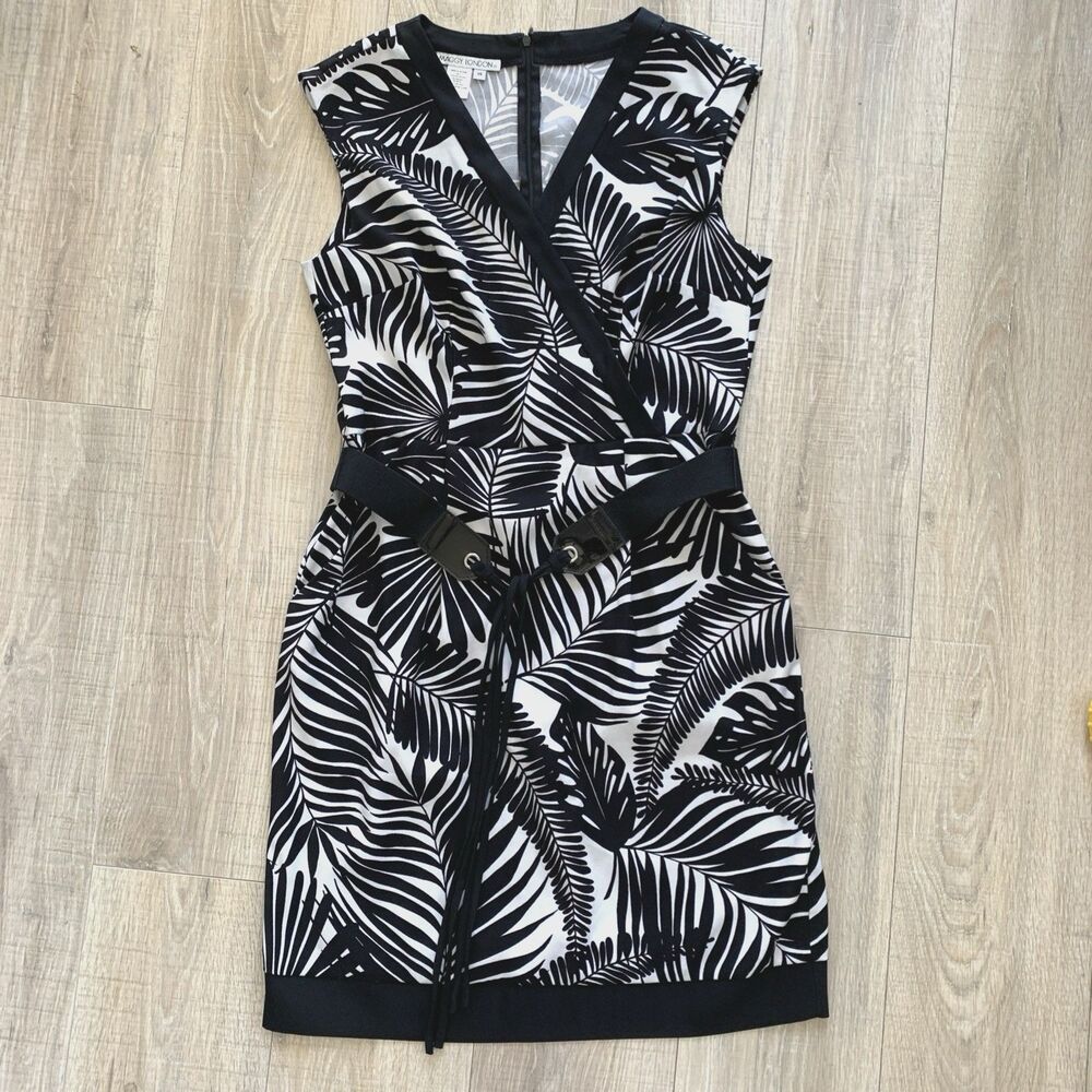 Maggy London Sleeveless Wrap Dress with Belt Black White Womens Size 14